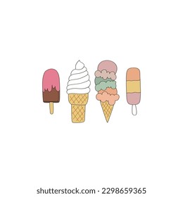 Various cartoon ice cream vector clip-art set isolated on white. Summer sweets illustration collection. Ice doodle design element.