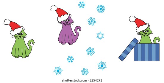 Various cartoon illustrations involving cats with a Christmas theme.