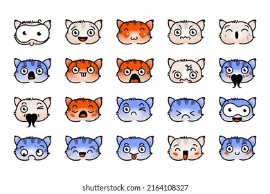 Various Cartoon Kitten Set. Doodle faces, eyes and mouth. Caricature comic expressive emotions, smiling, crying and surprised character face expressions. Isolated vector illustration icons set