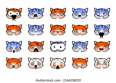 Various Cartoon Kitten Set. Doodle faces, eyes and mouth. Caricature comic expressive emotions, smiling, crying and surprised character face expressions. Isolated vector illustration icons set