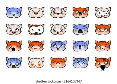 Various Cartoon Kitten Set. Doodle faces, eyes and mouth. Caricature comic expressive emotions, smiling, crying and surprised character face expressions. Isolated vector illustration icons set