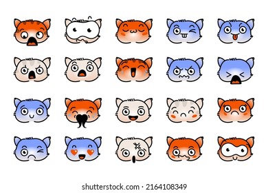 Various Cartoon Kitten Set. Doodle faces, eyes and mouth. Caricature comic expressive emotions, smiling, crying and surprised character face expressions. Isolated vector illustration icons set