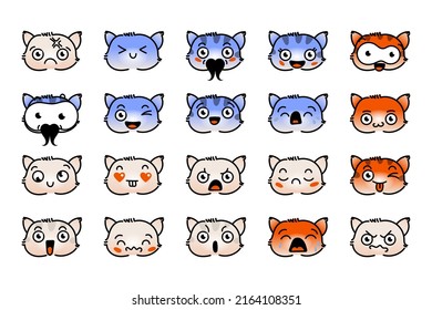 Various Cartoon Kitten Set. Doodle faces, eyes and mouth. Caricature comic expressive emotions, smiling, crying and surprised character face expressions. Isolated vector illustration icons set
