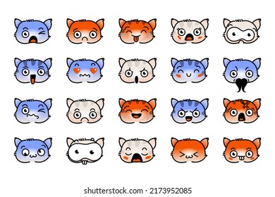 Various Cartoon Kitten Set. Doodle faces, eyes and mouth. Caricature comic expressive emotions, smiling, crying and surprised character face expressions. Isolated vector illustration icons set