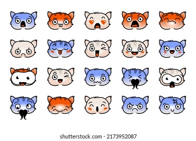 Various Cartoon Kitten Set. Doodle faces, eyes and mouth. Caricature comic expressive emotions, smiling, crying and surprised character face expressions. Isolated vector illustration icons set