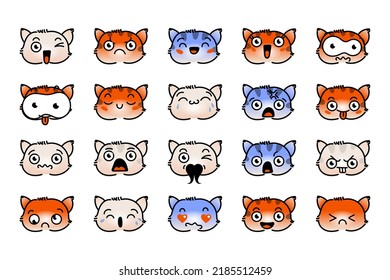 Various Cartoon Kitten Set. Doodle faces, eyes and mouth. Caricature comic expressive emotions, smiling, crying and surprised character face expressions. Isolated vector illustration icons set