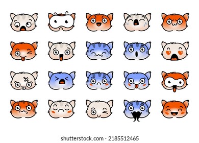 Various Cartoon Kitten Set. Doodle faces, eyes and mouth. Caricature comic expressive emotions, smiling, crying and surprised character face expressions. Isolated vector illustration icons set