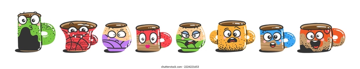 Various Cartoon Mugs with Emoticons. Doodle faces, eyes and mouth. Caricature comic expressive emotions, smiling, crying and surprised character face expressions. Isolated vector illustration icons