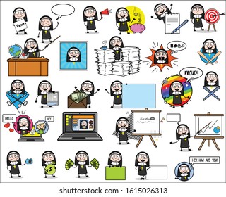 Various Cartoon Nun Lady Character - Collection of Concepts Vector illustrations