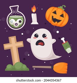 Various cartoon parts vector illustrations For the Halloween festival. Can be used to decorate places, products, clothing, publications, etc. such as crosses, ghosts, poison, candles, brooms, pumpkin