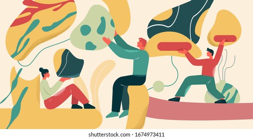 Various cartoon people holding smooth flowing colorful shapes vector flat illustration. Man and woman cooperation. Concept of teamwork, development, organization and management graphic design