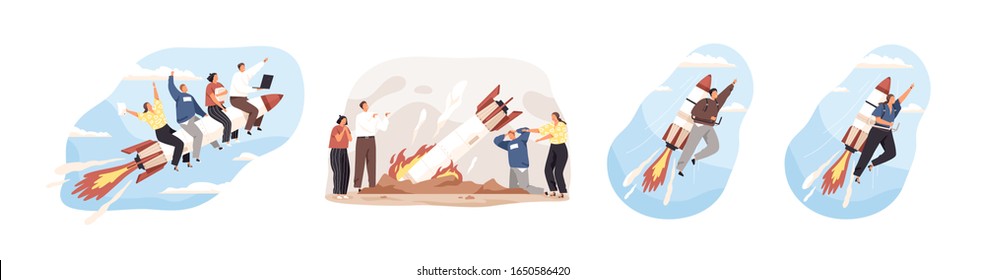 Various cartoon people moving top on rocket and crash set vector graphic illustration. Collection of successful team moving high isolated on white. Business motivation, fail and startup development