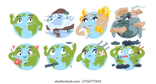 Various cartoon planet Earth faces show emotions like happiness, sadness, pollution, and climate change, ideal for environmental awareness and education, isolated on white background vector