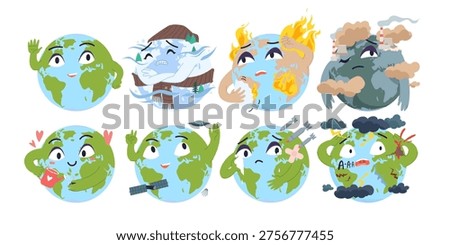 Various cartoon planet Earth faces show emotions like happiness, sadness, pollution, and climate change, ideal for environmental awareness and education, isolated on white background vector