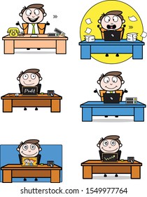Various Cartoon Professional Businessman sitting poses on office table Vector Illustration