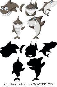 Various cartoon sharks with cheerful expressions