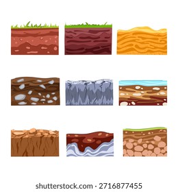 Various cartoon soil layers illustrating different ground cross sections, an underground ecosystem, and geological profiles for nature, science, and game design concepts