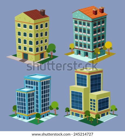 various cartoon style isometric building 