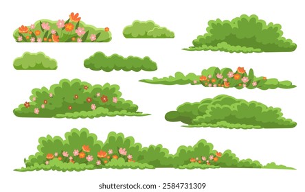 Various cartoon-style green bushes decorated with colorful flowers on a white background. Nature and landscape design elements for garden or park themes