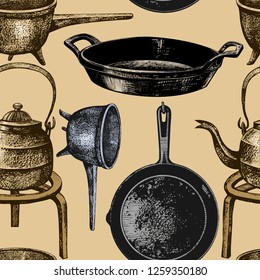 Various cast iron cookware. Vintage seamless pattern. Hand-drawn vector illustration of kitchen utensils.