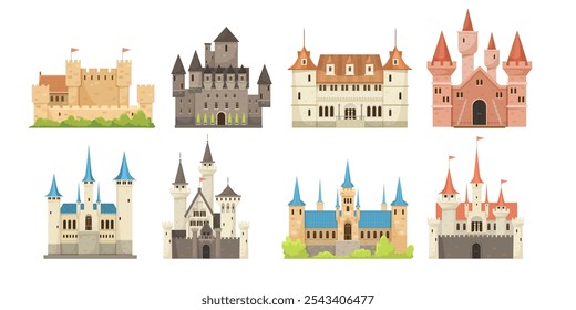 Various castle designs in a colorful style. Vector illustration