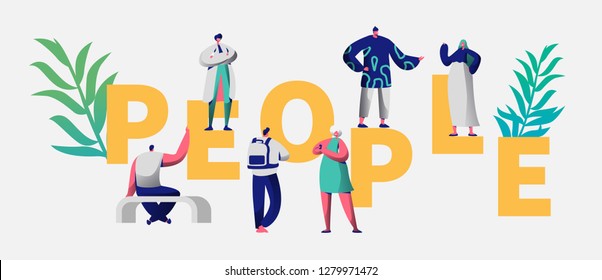 Various Casual People Character Typography Poster. Different Professional Person. Man Woman Travel get Rest Community Concept for Horizontal Banner Flat Cartoon Vector Illustration Collection