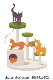 Various cat playing on scratching post isolated on white background. Vector lovely domestic kitten characters 