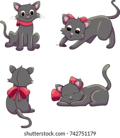 Various cat positions. Black cat vector illustration collection.	