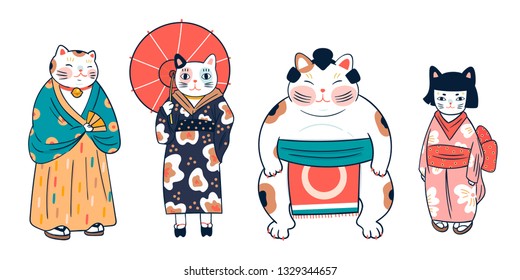 Various cats dressed in traditional japanese clothes. Anthropomorphic animals. Kawaii illustration. Hand drawn colored vector set. All elements are isolated