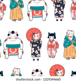 Various cats dressed in traditional japanese clothes. Anthropomorphic animals. Kawaii illustration. Hand drawn colored vector seamless pattern