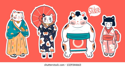 Verschiedene Katzen in traditioneller japanischer Kleidung. Anthropomorphe Tiere. Kawaii-Illustration. Handgezeichneter Vektor-Set. Alle Elemente sind isoliert. Vorgefertigte Aufkleber