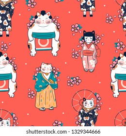 Various cats dressed in traditional japanese clothes with sakura flowers. Anthropomorphic animals. Kawaii illustration. Hand drawn colored vector seamless pattern. Red background