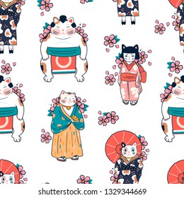 Various cats dressed in traditional japanese clothes with sakura flowers. Anthropomorphic animals. Kawaii illustration. Hand drawn colored vector seamless pattern