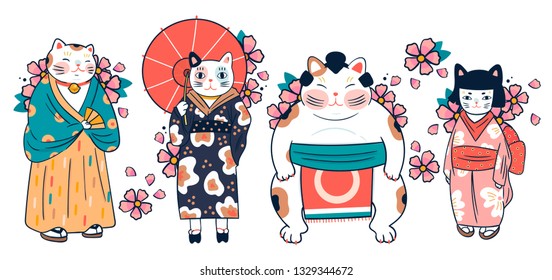 Various cats dressed in traditional japanese clothes with sakura flowers. Anthropomorphic animals. Kawaii illustration. Hand drawn colored vector set. All elements are isolated