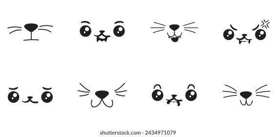 Various cat's mouth and eyes vector illustration. Cat related icons set.