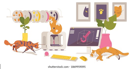 Various cats with prosthesis made with 3d printer. Interior scene with artist or designer workplace with kittens, display monitor, filament spools isolated on white