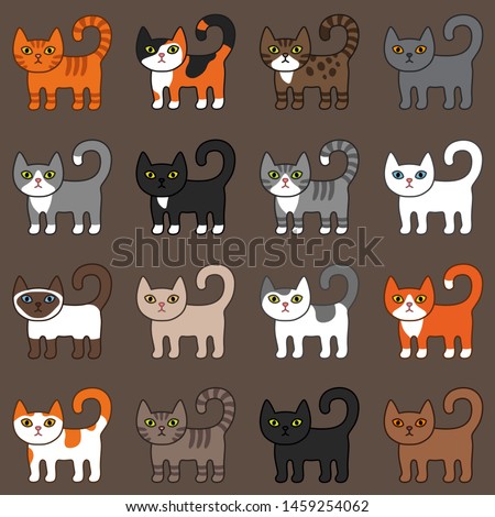 Various cats seamless pattern broun background. Different cat breeds. 