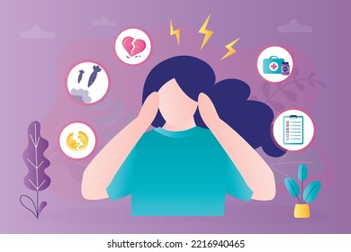 Various causes of stress, panic attack or overexertion. Mental problems in woman. Unhappy girl holding her sore head. Psychological pressure infographic. Stress burden, burnout. Vector illustration