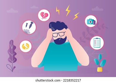 Verschiedene Ursachen für Stress, Panikattacken oder Überlastung. Trauriger Typ mit psychischen Problemen. Unglücklicher Mann, der wunden Kopf hält. Psychologischer Druck Infografik. Stress-Belastung, Brenout. Vektorgrafik