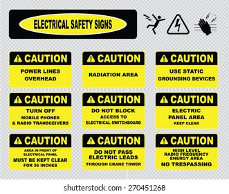 various caution sign, electrical safety signs (power lines overhead, radiation area, use static grounding devices, turn off mobile phones, do not block panel area, do not pass electric lead)