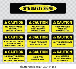 various caution sign, site safety signs (no admittance without security pass, trespassers will be prosecuted, restricted area, these premises are patrolled, no thoroughfare, all visitor must register)