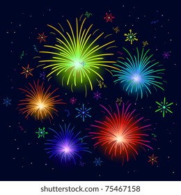 Various celebratory firework against the black sky, vector