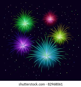 Various celebratory firework against the black sky, vector
