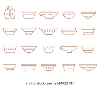 Various ceramic plate. Vector icon illustration dish. Different shapes kitchen cap. Ancient pots with geometric ornament. Pottery concept. Traditional crockery for food. Earthenware icon side view