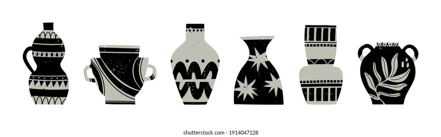 Various ceramic Vases. Different shapes. Antique, ancient ceramics. Pottery concept. Various textures. Hand drawn Vector set. Trendy illustration. All elements are isolated