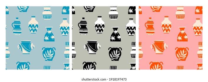 Various ceramic Vases. Different shapes. Antique, ancient ceramics. Pottery concept. Different textures. Hand drawn Vector seamless Patterns. Set of three Square repeating Backgrounds, wallpapers