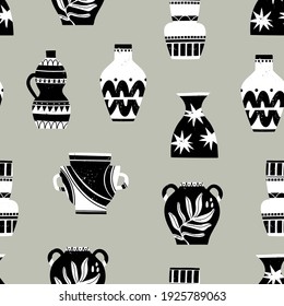 Various ceramic Vases. Different shapes. Antique, ancient ceramics. Pottery concept. Different textures. Hand drawn Vector seamless Pattern. Square repeating Background, wallpaper