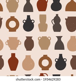 Various ceramic vases of different shapes. Colored silhouettes. Antique, ancient ceramics. Pottery concept. Stamp pattern. Hand drawn Vector seamless Pattern. Background, wallpaper
