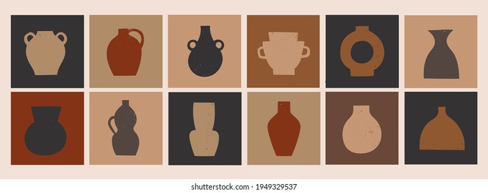 Various ceramic Vases. Different shapes. Colored silhouettes. Antique, ancient ceramics. Pottery concept. Stamp texture. Hand drawn Vector set. Trendy illustration. All elements are isolated