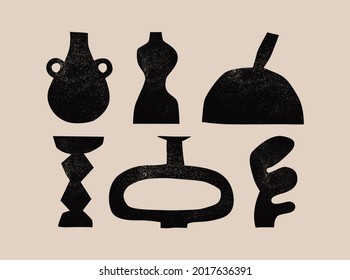 Various ceramic Vases. Different shapes. Black silhouettes. Antique, ancient ceramics. Pottery concept. Stamp texture. Hand drawn Vector set. Trendy illustration. All elements are isolated
